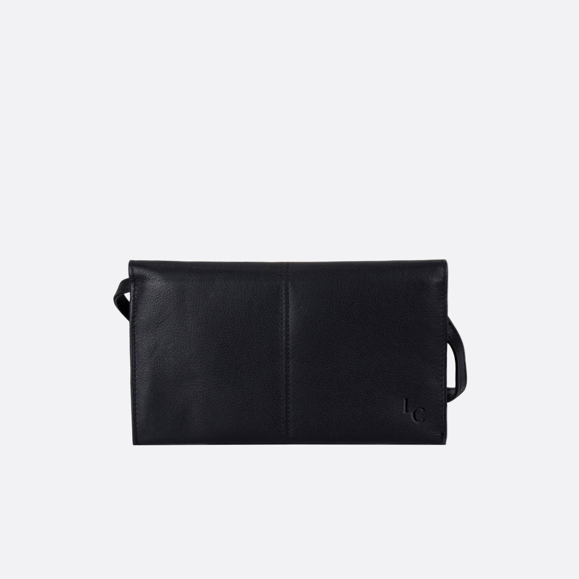 Front view of SOMMARLOV black leather crossbody clutch with slim silhouette